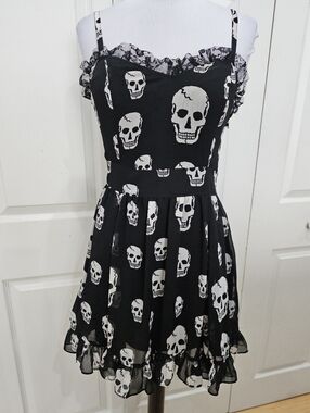 Vintage Y2K Hot Topic Tripp Royal Bones Black & White Skull Flowy Mini Dress S